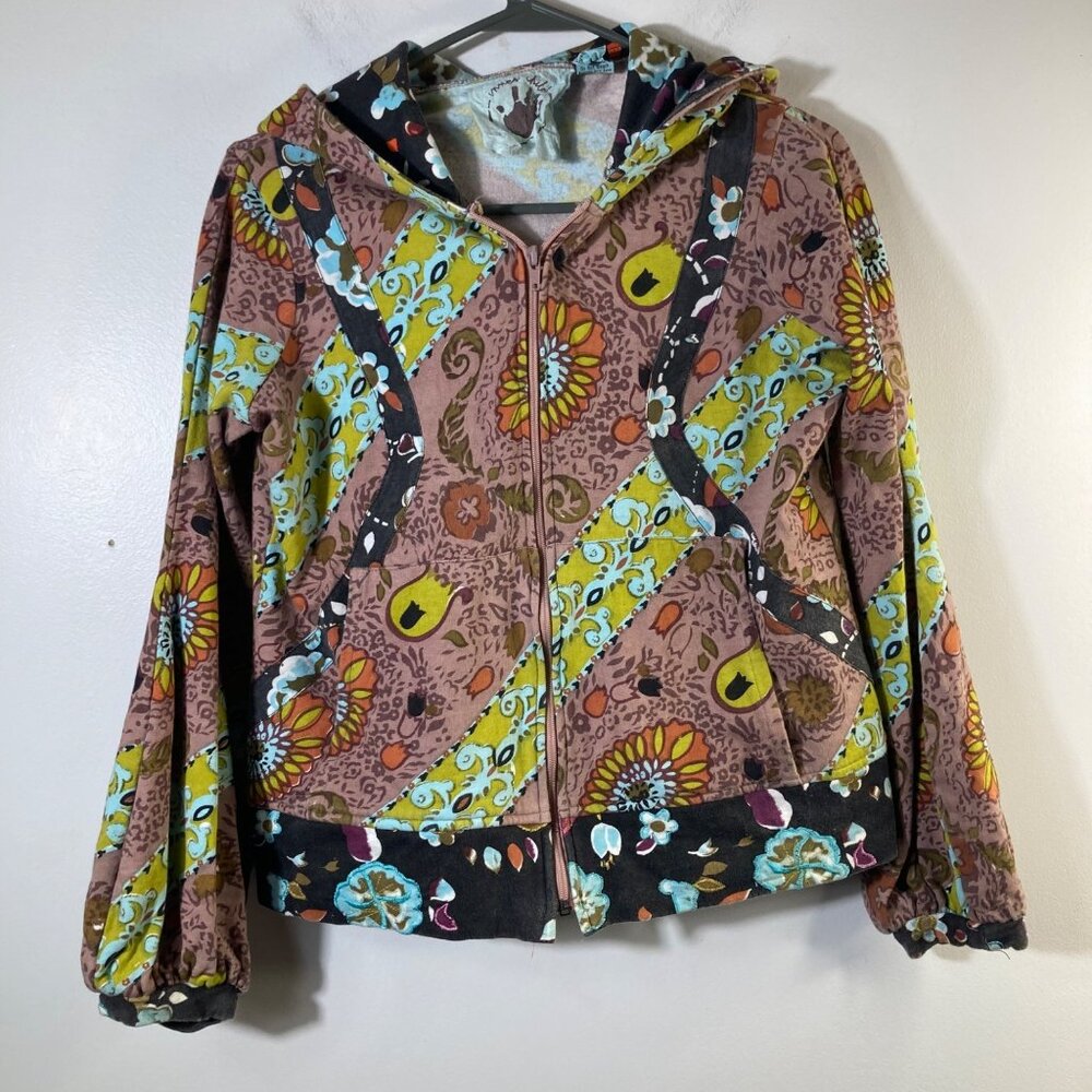 Womens Inner Child Floral Zip Jacket Brown Blue XS Cotton Embroidered‎ Detail